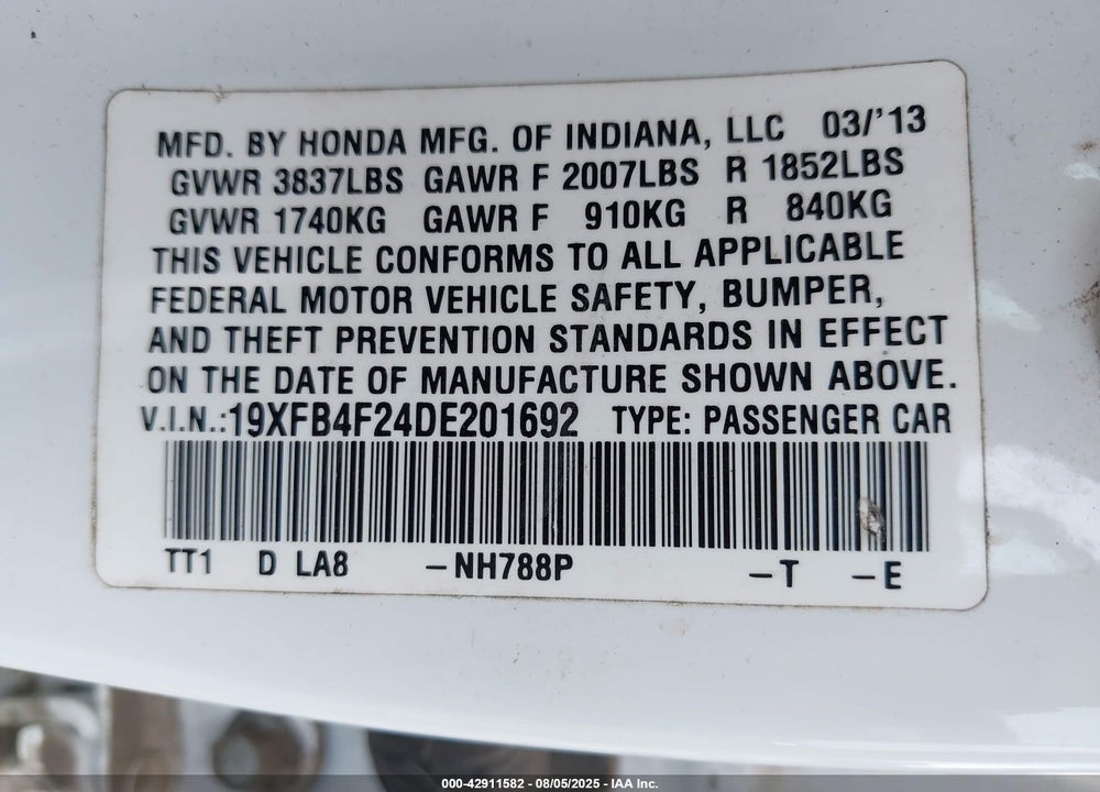2013 HONDA CIVIC HYBRID VIN: 19XFB4F24DE201692