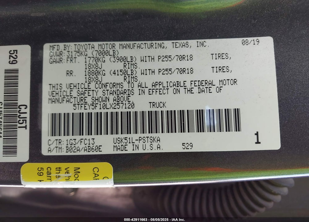 2020 TOYOTA TUNDRA SR5 VIN: 5TFEY5F10LX257120