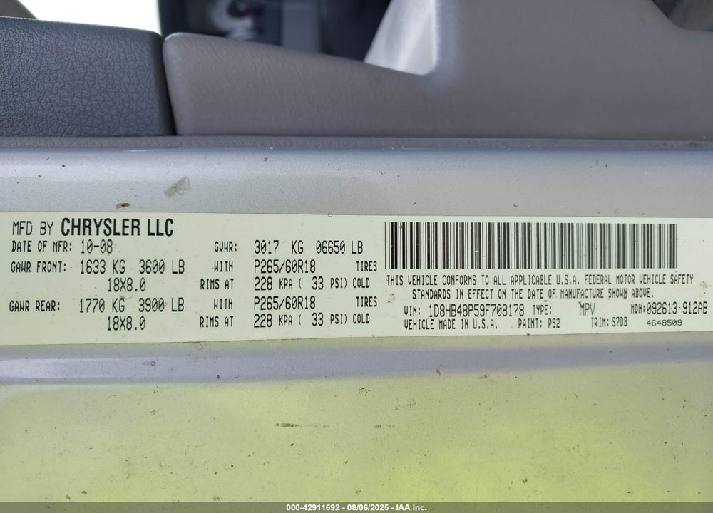 2009 DODGE DURANGO SLT VIN: 1D8HB48P59F708178