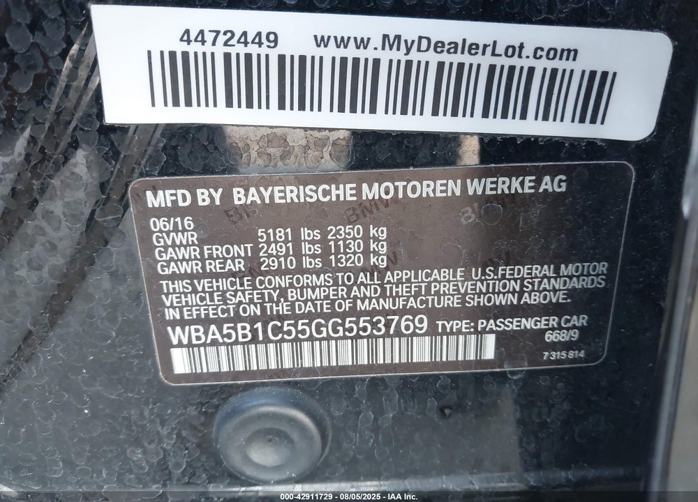2016 BMW 5 SERIES VIN: WBA5B1C55GG553769