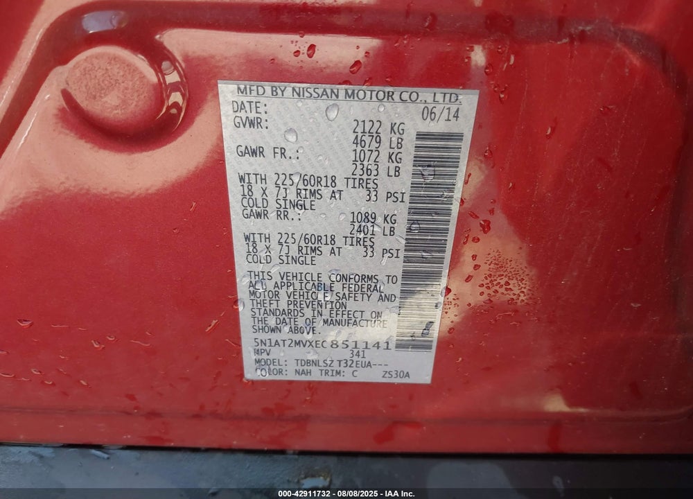 2014 NISSAN ROGUE VIN: 5N1AT2MVXEC851141