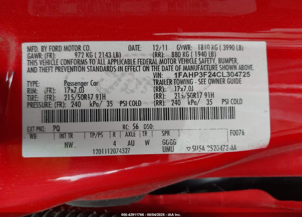 2012 FORD FOCUS SE VIN: 1FAHP3F24CL304725