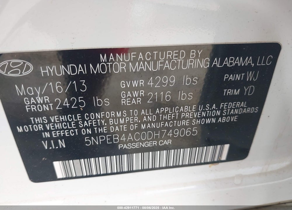 2013 HYUNDAI SONATA VIN: 5NPEB4AC0DH749065