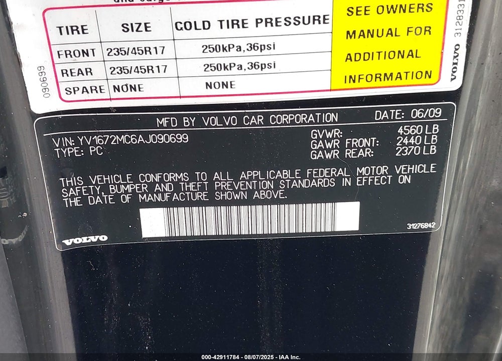 2010 VOLVO C70 VIN: YV1672MC6AJ090699