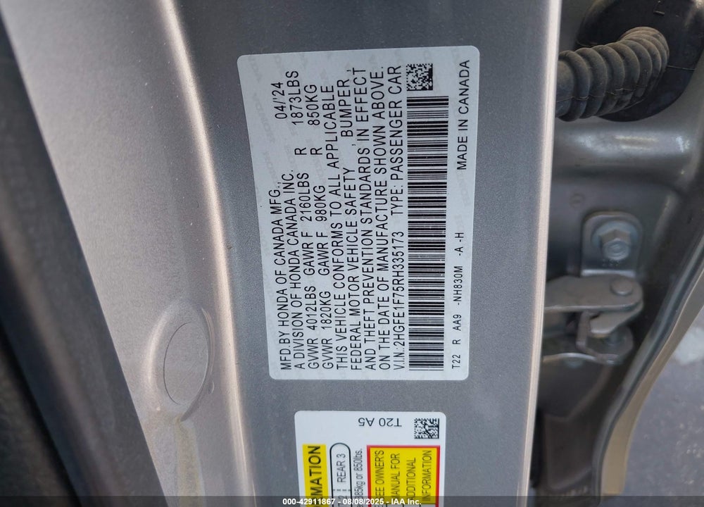 2024 HONDA CIVIC VIN: 2HGFE1F75RH335173