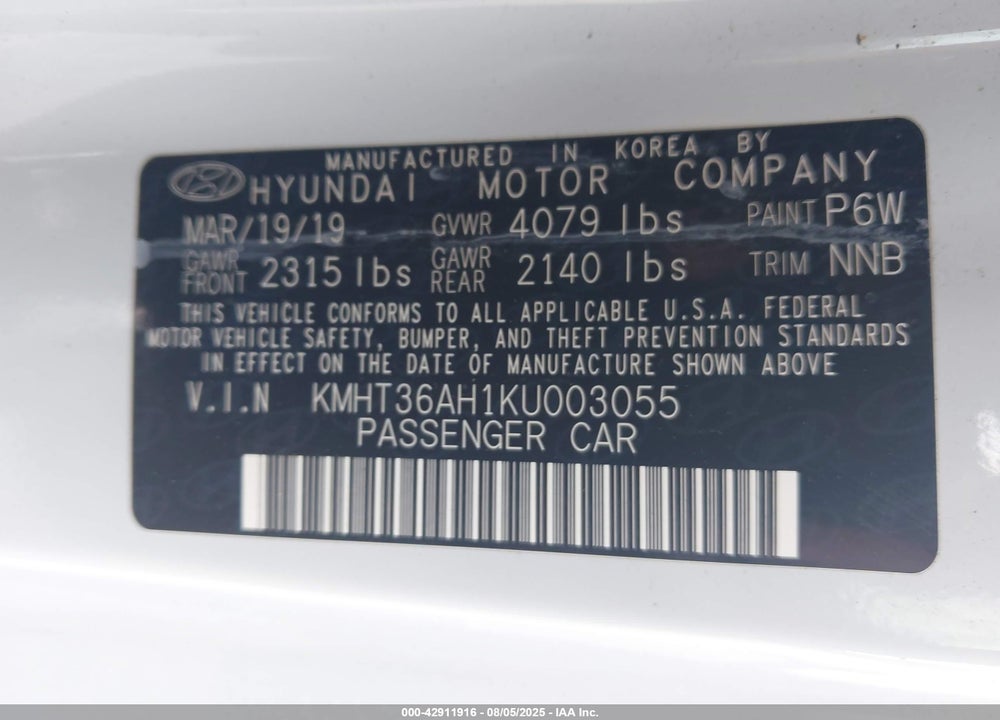 2019 HYUNDAI VELOSTER N VIN: KMHT36AH1KU003055