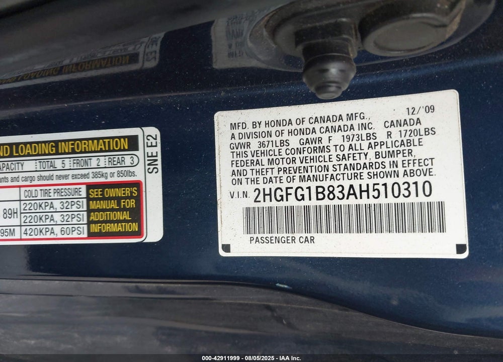 2010 HONDA CIVIC VIN: 2HGFG1B83AH510310