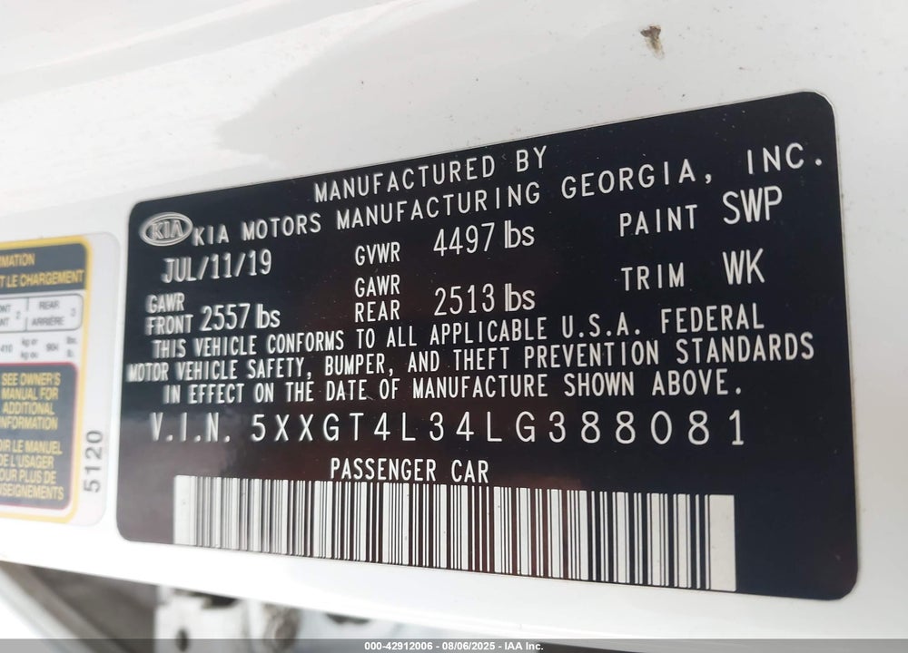 2020 KIA OPTIMA VIN: 5XXGT4L34LG388081