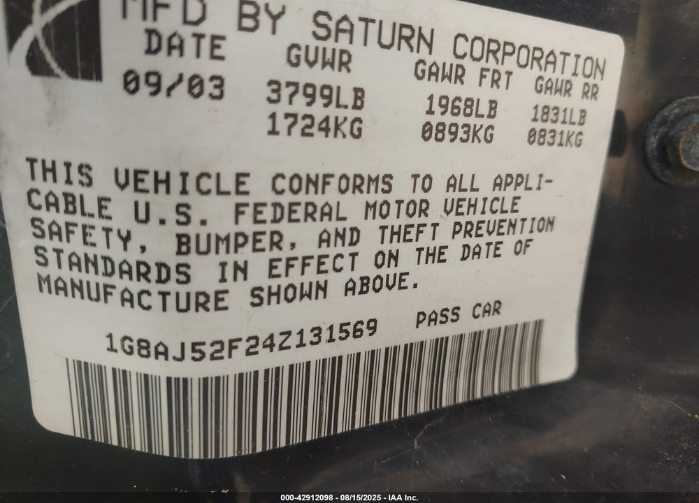 2004 SATURN ION 2 VIN: 1G8AJ52F24Z131569