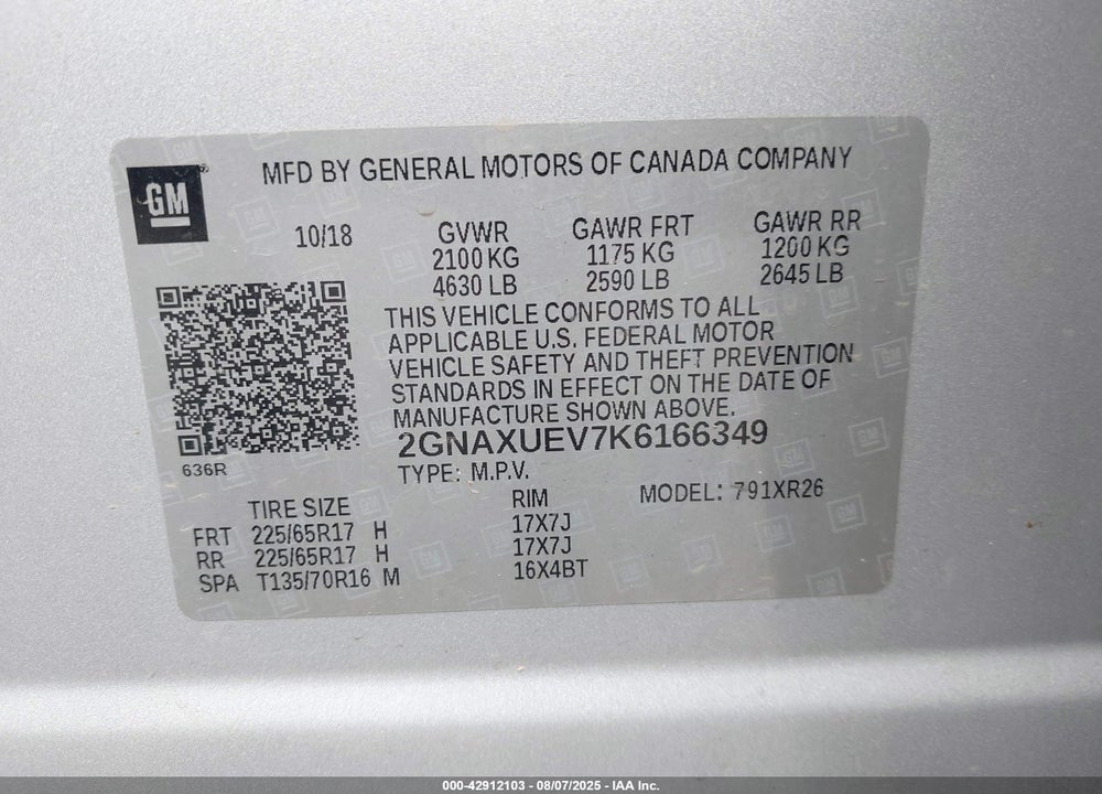 2019 CHEVROLET EQUINOX VIN: 2GNAXUEV7K6166349