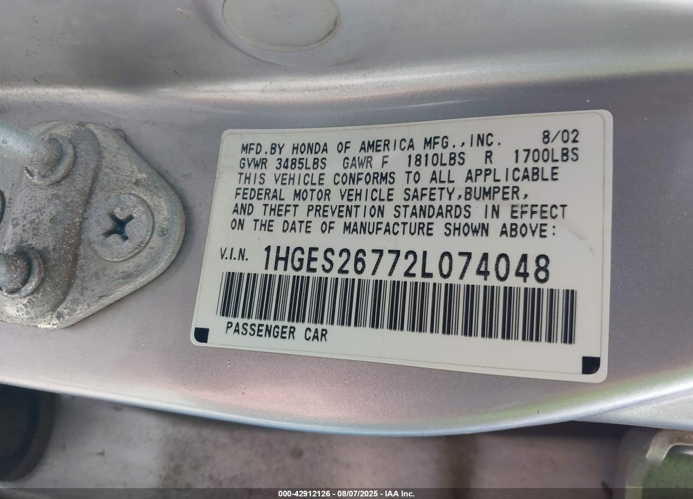 2002 HONDA CIVIC EX VIN: 1HGES26772L074048