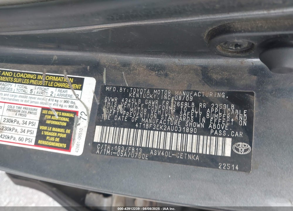 2010 TOYOTA CAMRY VIN: 4T1BF3EK2AU031890