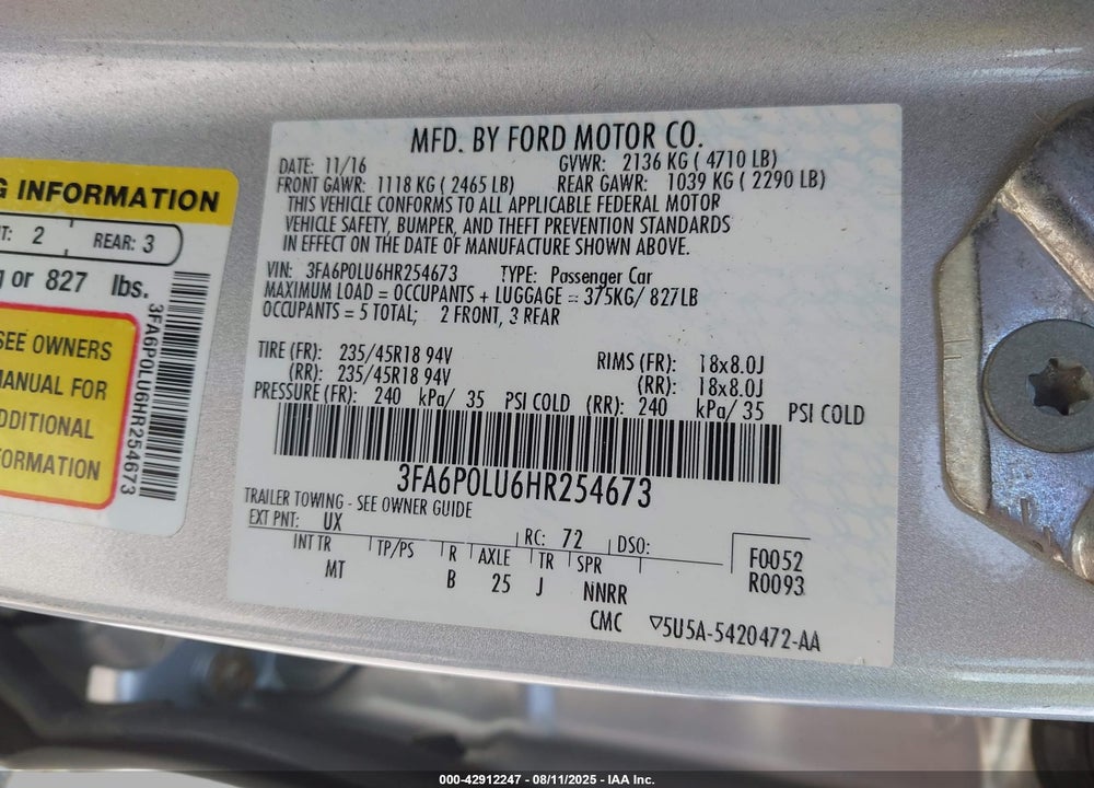 2017 FORD FUSION HYBRID SE VIN: 3FA6P0LU6HR254673