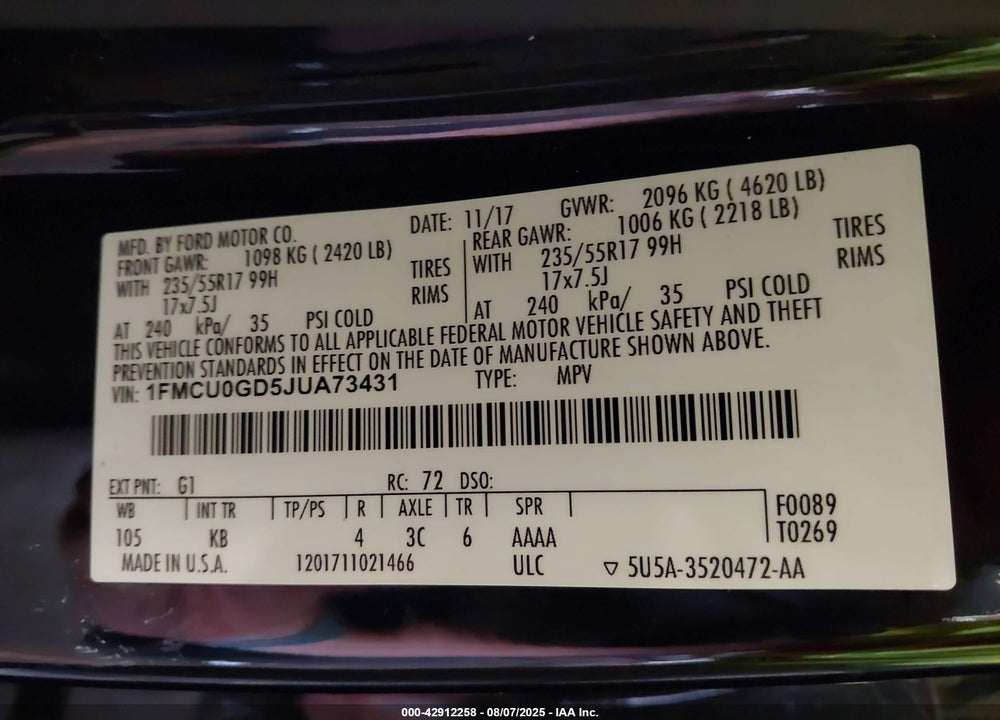 2018 FORD ESCAPE SE VIN: 1FMCU0GD5JUA73431
