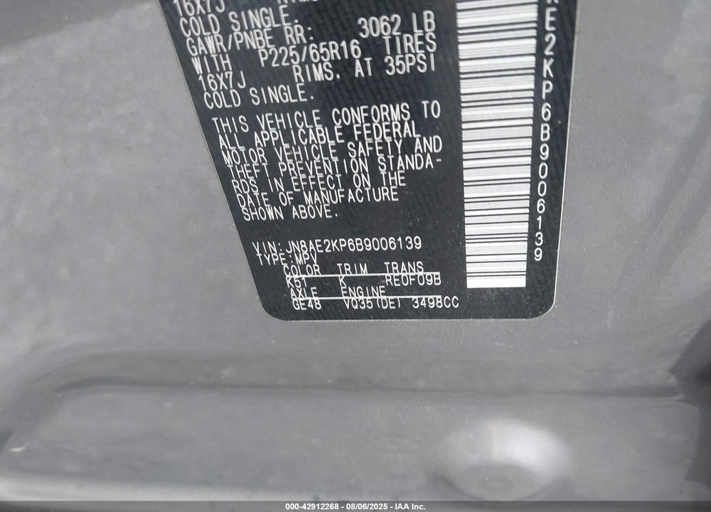 2011 NISSAN QUEST SV VIN: JN8AE2KP6B9006139