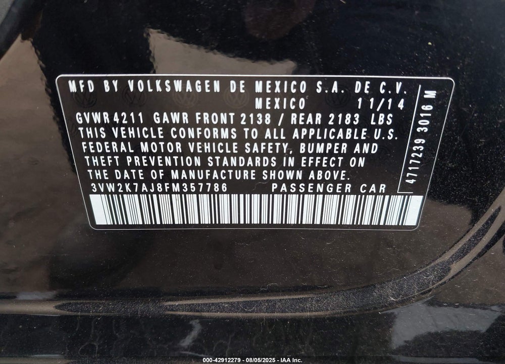2015 VOLKSWAGEN JETTA VIN: 3VW2K7AJ8FM357786
