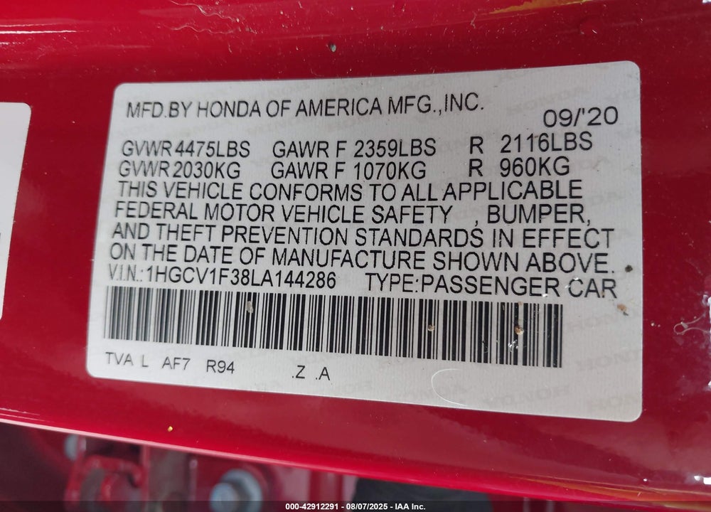 2020 HONDA ACCORD VIN: 1HGCV1F38LA144286