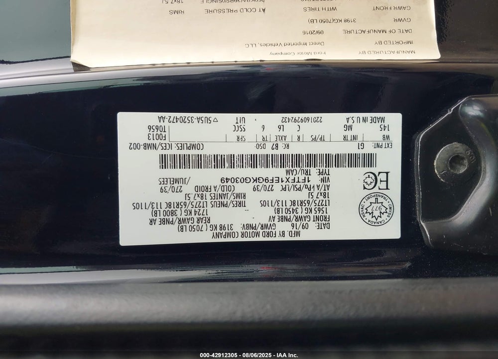 2016 FORD F-150 VIN: 1FTFX1EF9GKG03049