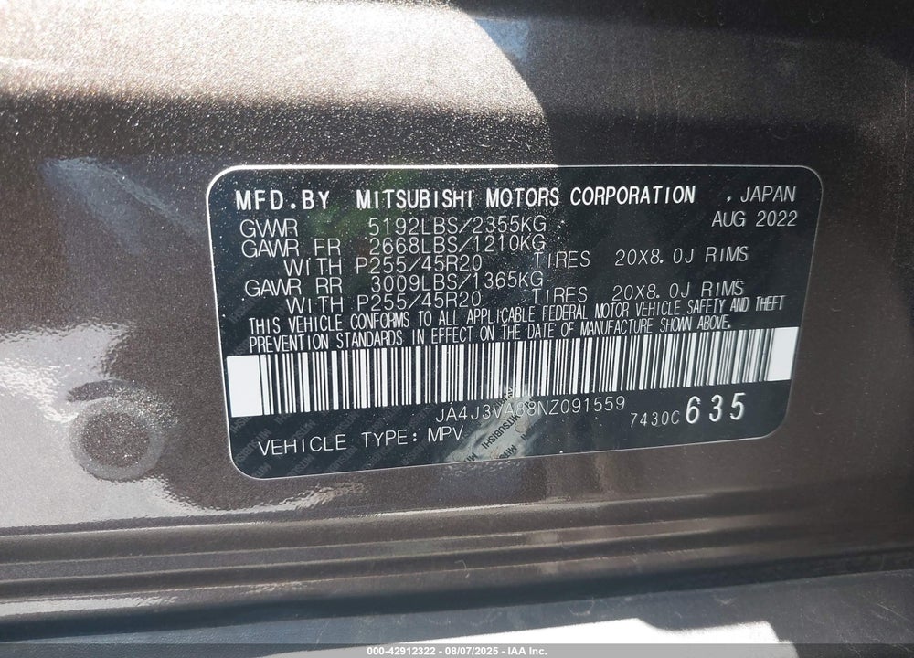 2022 MITSUBISHI OUTLANDER SEL 2.5 2WD/SEL SPECIAL EDITION 2WD VIN: JA4J3VA88NZ091559