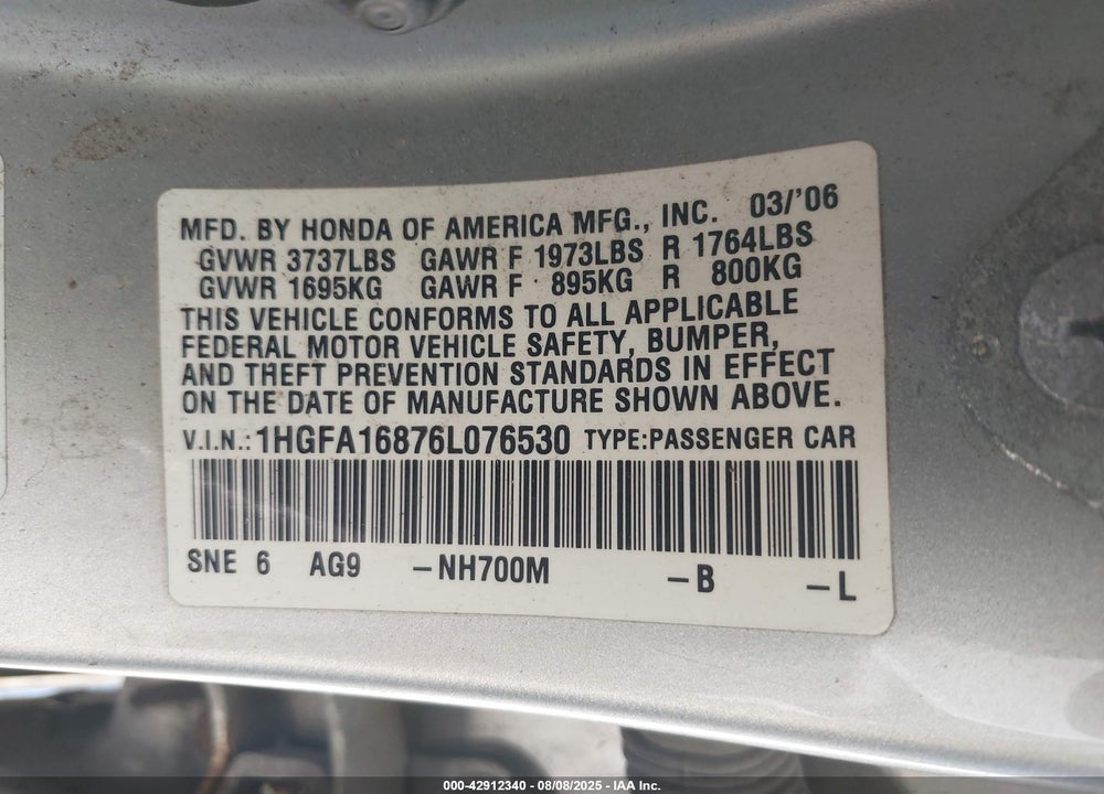 2006 HONDA CIVIC EX VIN: 1HGFA16876L076530
