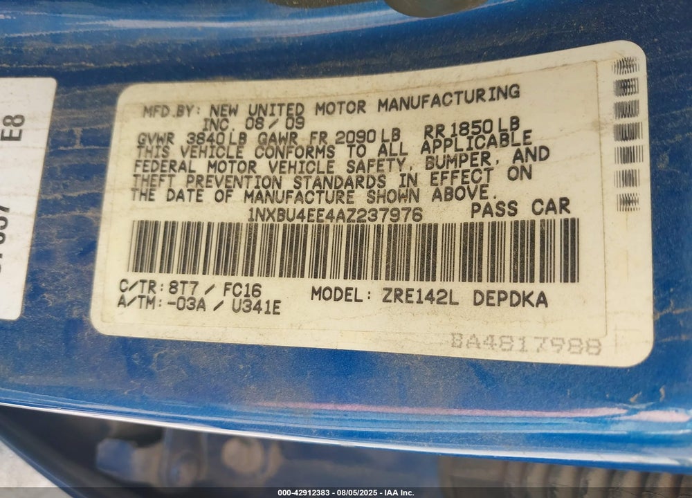 2010 TOYOTA COROLLA VIN: 1NXBU4EE4AZ237976