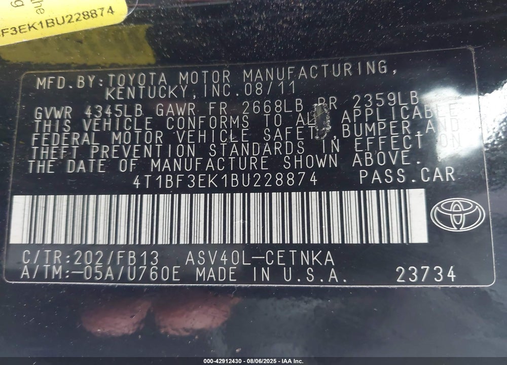 2011 TOYOTA CAMRY VIN: 4T1BF3EK1BU228874
