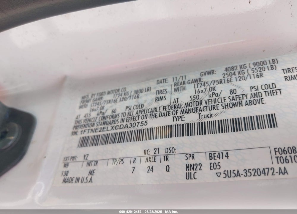 2012 FORD E-250 VIN: 1FTNE2ELXCDA30755