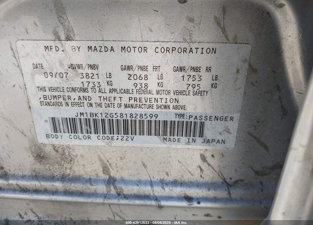 2008 MAZDA 3 I SPORT VIN: JM1BK12G581828599