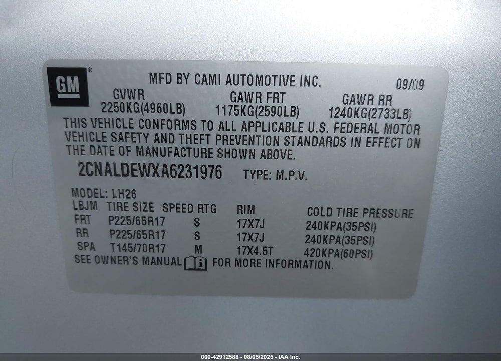 2010 CHEVROLET EQUINOX VIN: 2CNALDEWXA6231976