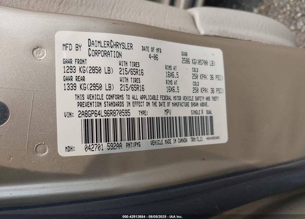2006 CHRYSLER TOWN & COUNTRY LIMITED VIN: 2A8GP64L96R870595