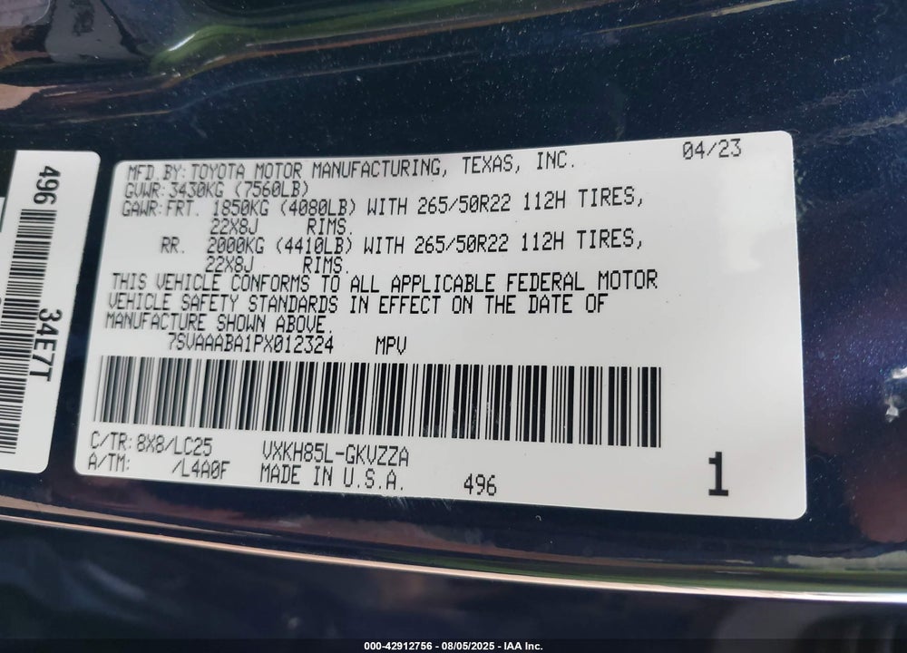 2023 TOYOTA SEQUOIA CAPSTONE VIN: 7SVAAABA1PX012324