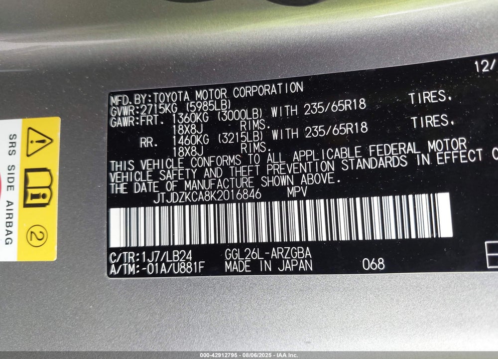 2019 LEXUS RX 350L VIN: JTJDZKCA8K2016846