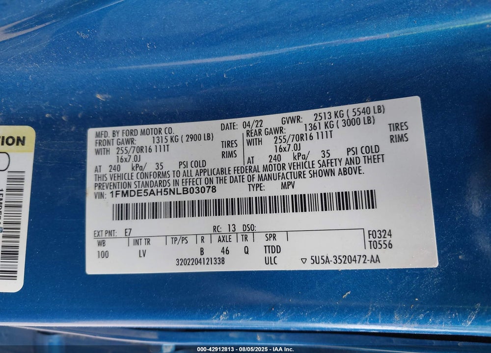 2022 FORD BRONCO VIN: 1FMDE5AH5NLB03078