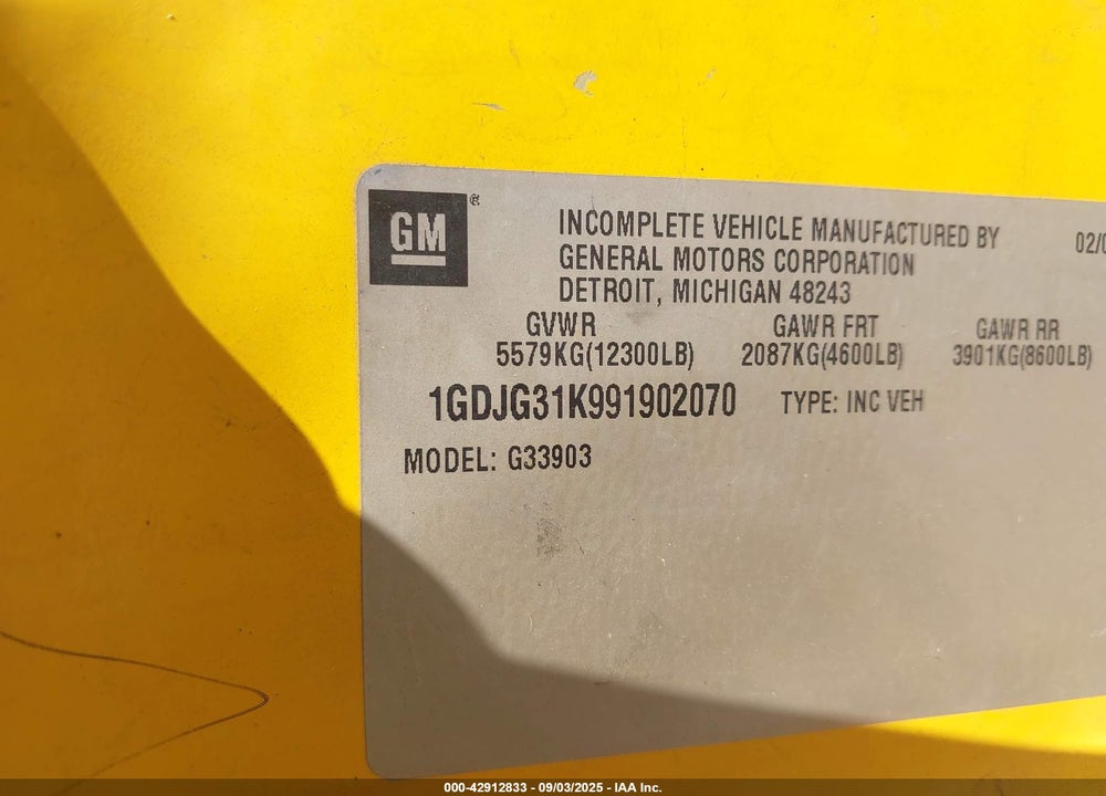 2009 GMC SAVANA CUTAWAY WORK VAN VIN: 1GDJG31K991902070