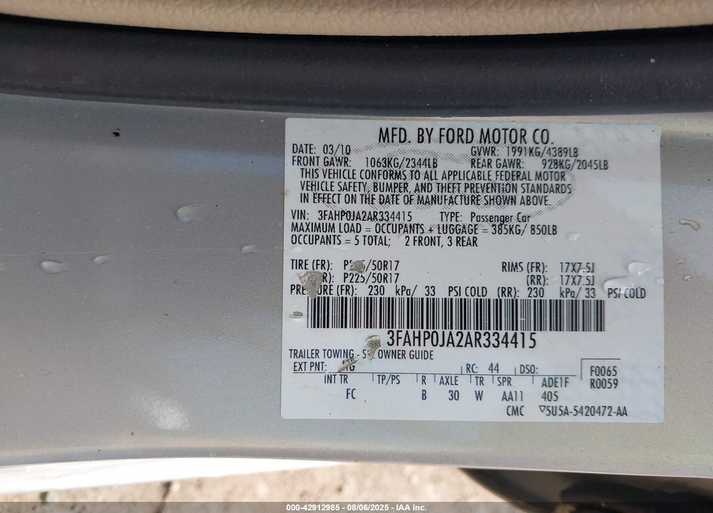 2010 FORD FUSION VIN: 3FAHP0JA2AR334415