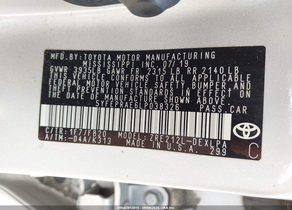 2020 TOYOTA COROLLA VIN: 5YFEPRAE6LP038326