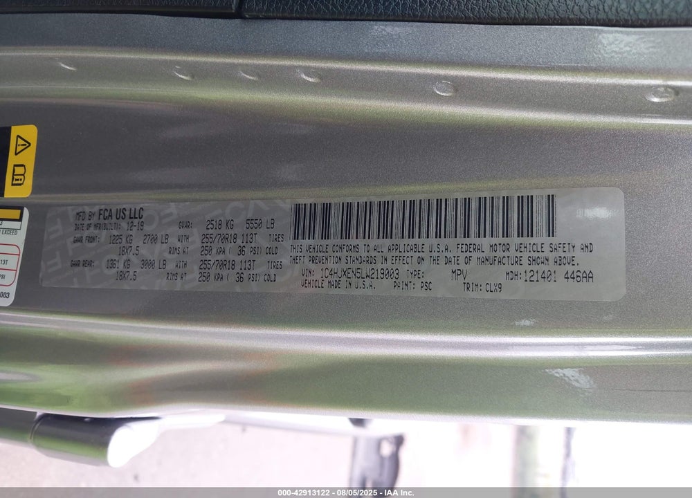 2020 JEEP WRANGLER UNLIMITED VIN: 1C4HJXEN5LW219003