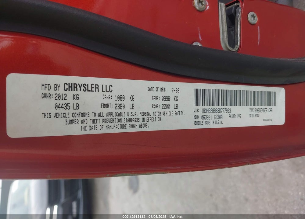 2008 DODGE CALIBER VIN: 1B3HB28B68D777903