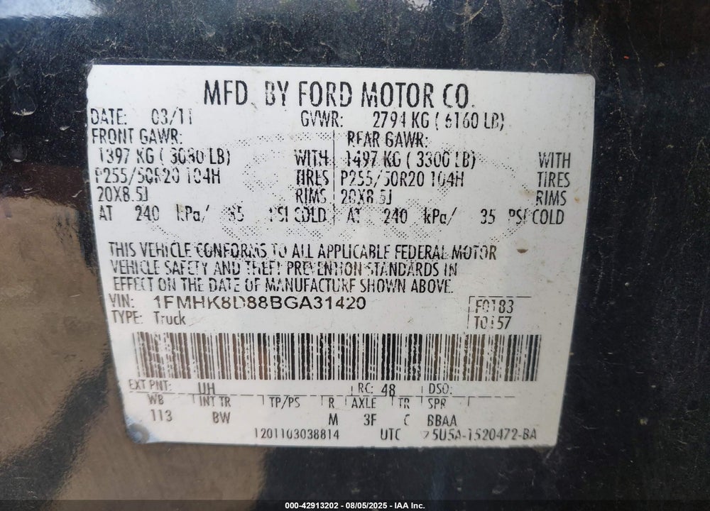 2011 FORD EXPLORER VIN: 1FMHK8D88BGA31420