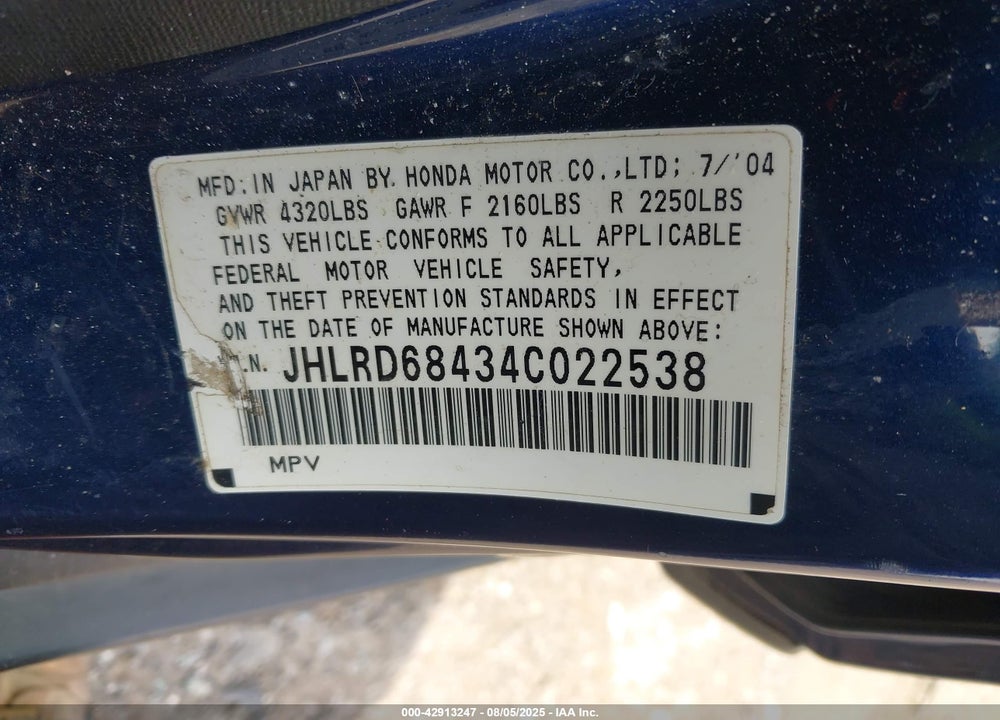 2004 HONDA CR-V LX VIN: JHLRD68434C022538