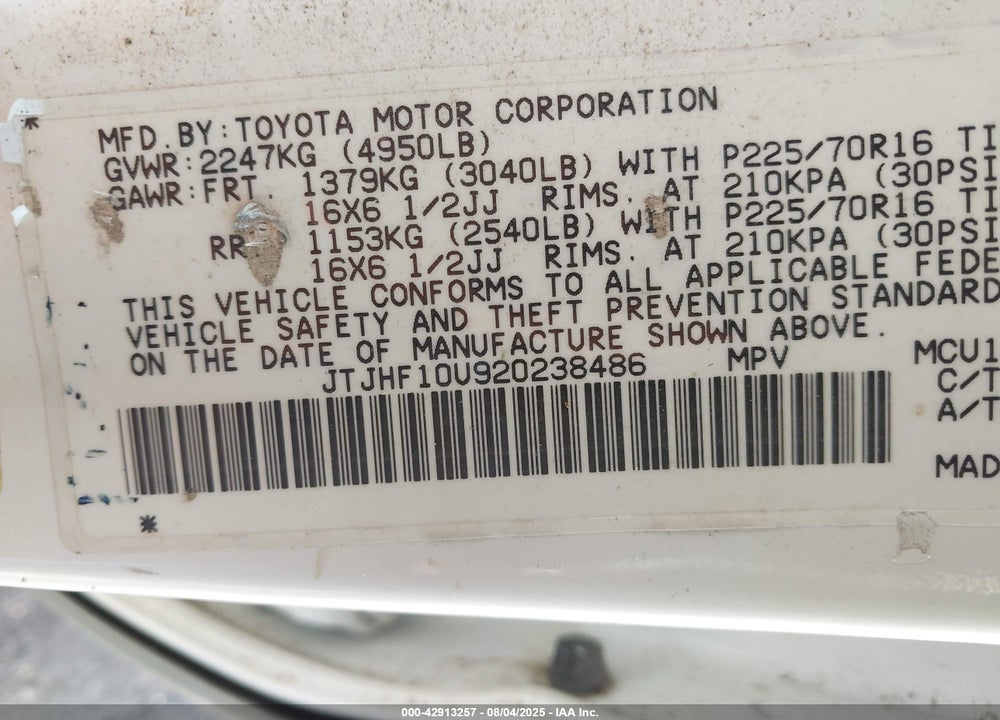 2002 LEXUS RX 300 VIN: JTJHF10U920238486