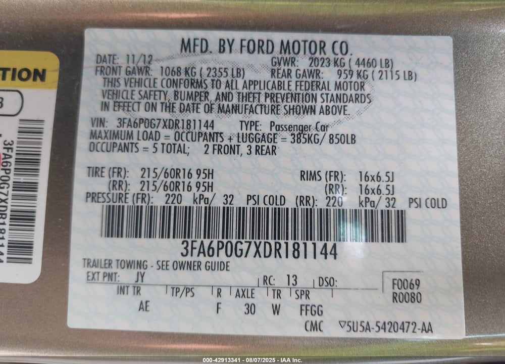 2013 FORD FUSION VIN: 3FA6P0G7XDR181144