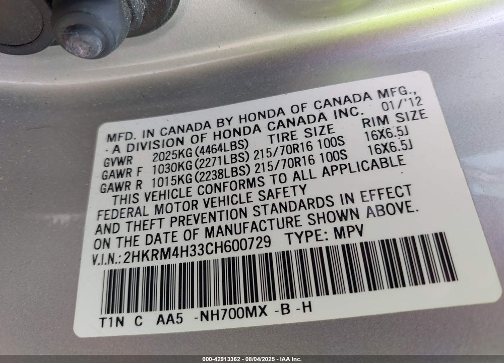 2012 HONDA CR-V VIN: 2HKRM4H33CH600729