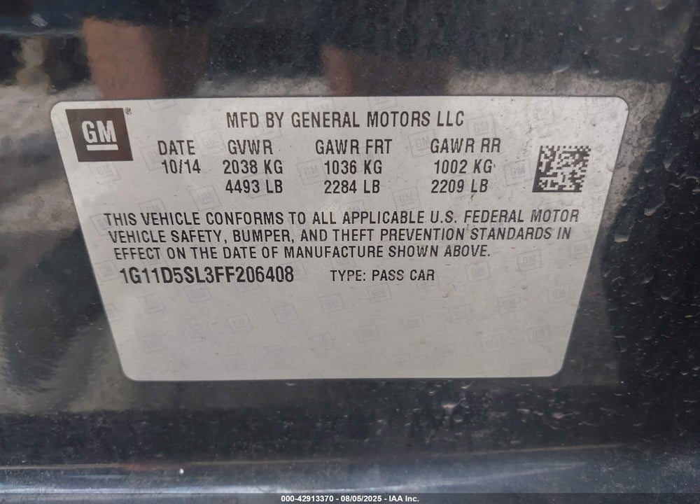 2015 CHEVROLET MALIBU VIN: 1G11D5SL3FF206408