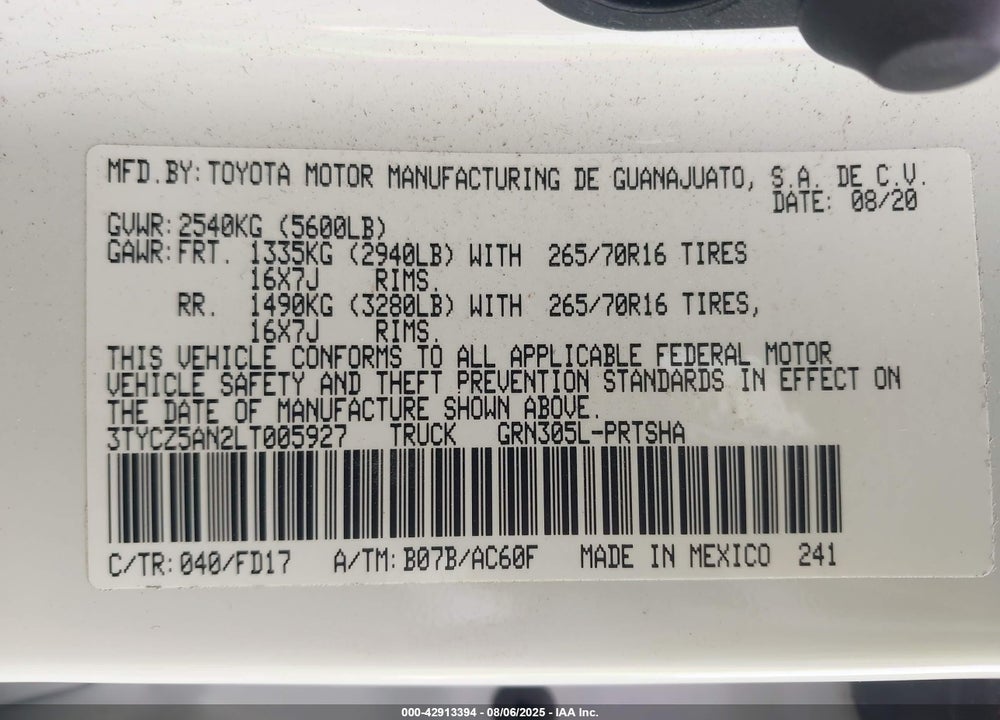 2020 TOYOTA TACOMA VIN: 3TYCZ5AN2LT005927