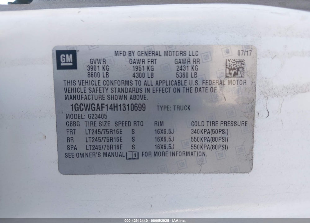 2017 CHEVROLET EXPRESS 2500 WORK VAN VIN: 1GCWGAF14H1310699