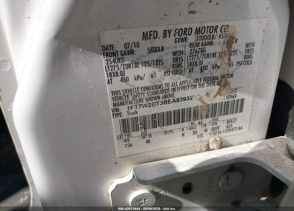 2011 FORD F-250 VIN: 1FT7W2BT3BEA83932