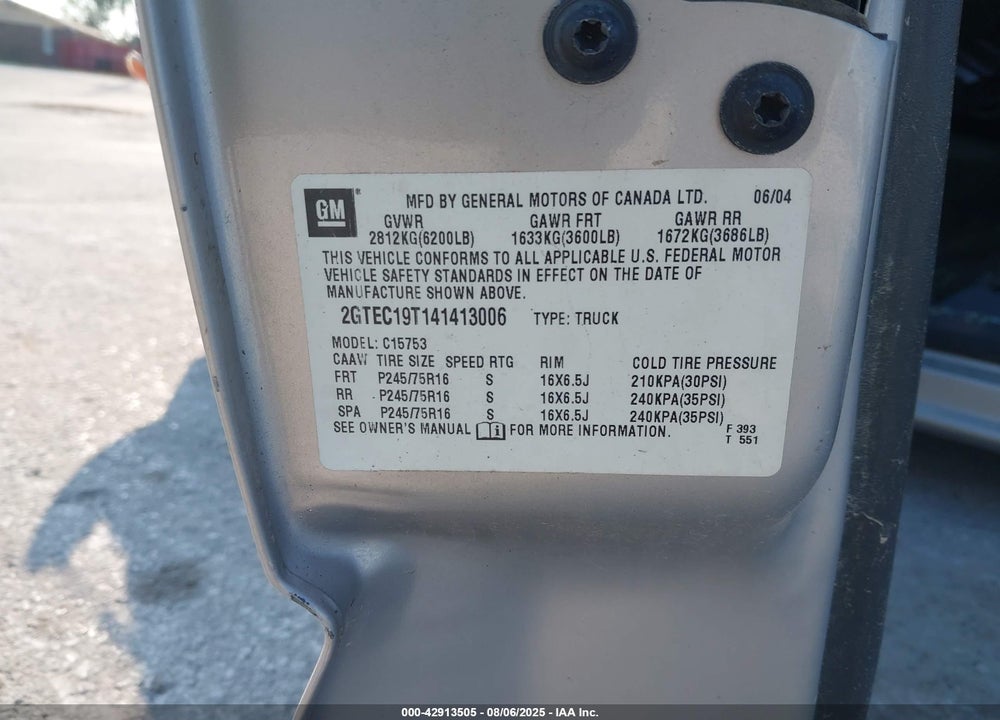 2004 GMC SIERRA 1500 SLE VIN: 2GTEC19T141413006