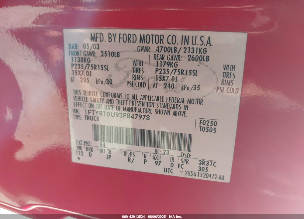 2003 FORD RANGER EDGE/XL/XLT VIN: 1FTYR10U93PB47978