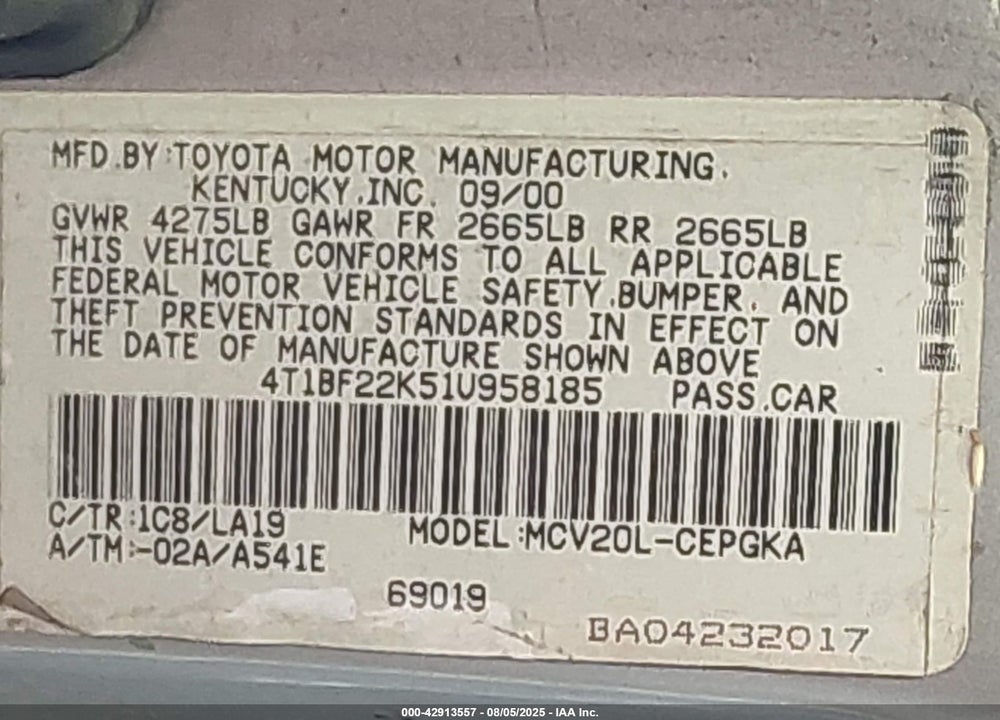 2001 TOYOTA CAMRY XLE V6 VIN: 4T1BF22K51U958185